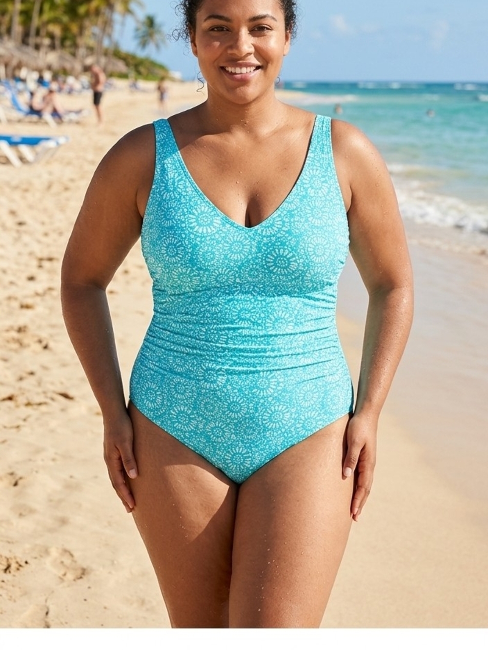 Miraclesuit By Talbots V-Neck Ruched One-Piece Swimsuit Blue Medallion 18W